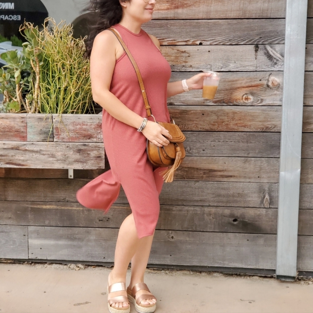 SLIM FITTING RIBBED SLEEVELESS MIDI DRESS WITH SIDE SLITS